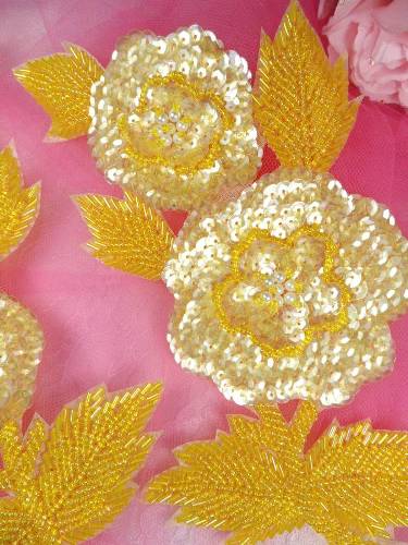 K8127 Yellow Crystal AB Rose Mirror Pair Beaded Sequin Appliques 8.25"
