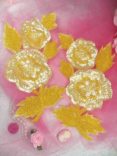 K8127 Yellow Crystal AB Rose Mirror Pair Beaded Sequin Appliques 8.25"