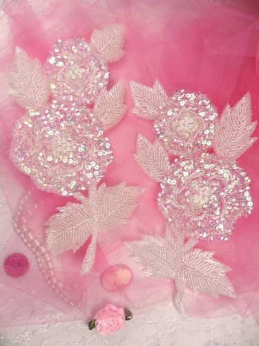 K8127 Special Crystal AB Rose Mirror Pair Beaded Sequin Appliques 8.25"