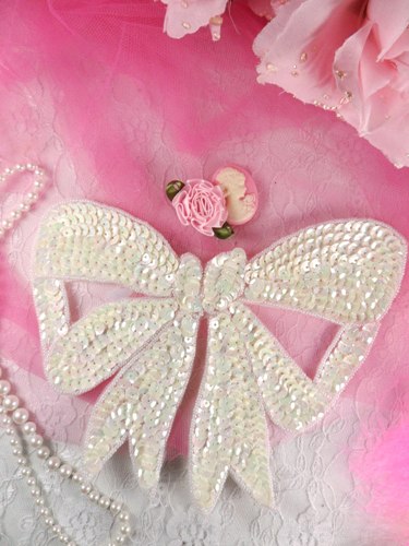 K8140 White AB Large Bow Sequin Beaded Applique 6.75"