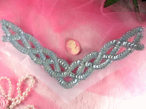 K8248 Lt. Blue AB Braided Collar Beaded Sequin Applique 8.75"