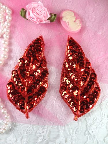 K8269 Red Leaf Pair Sequin Beaded Appliques 3.25"