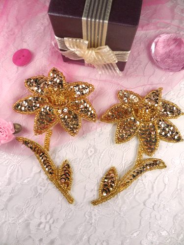 K8279 Gold Flower Mirror Pair Beaded Sequin Appliques 4.5"