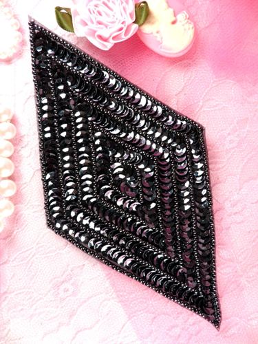 K8385 Gunmetal Diamond Beaded Sequin Applique 5.5"
