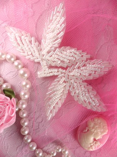 K8386  White Leaf Beaded Applique 3.25"