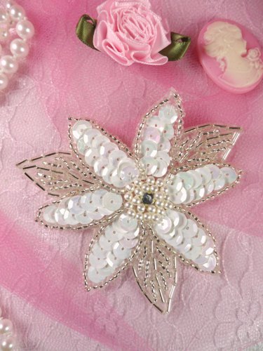 K8390  White AB Silver Floral Beaded Sequin Applique 3.25"
