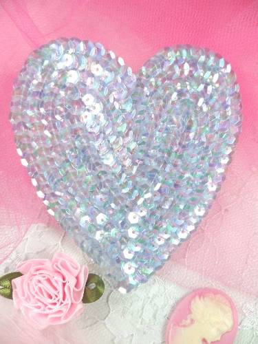 K8395 Lt. Blue Crystal AB Heart Sequin Applique 3.5"