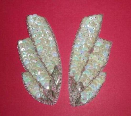 K8403  White AB Wing Mirror Pair Sequin Beaded Appliques 4"