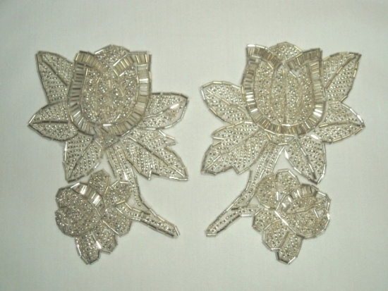 K8510  Silver Floral Mirror Pair Beaded Appliques  4.5"
