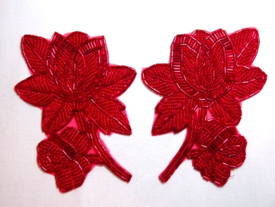 K8510  Red Floral Mirror Pair Beaded Appliques  4.5"