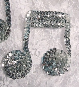 K8614   Silver Musical Double Quarter Note Sequin Beaded Applique 3"