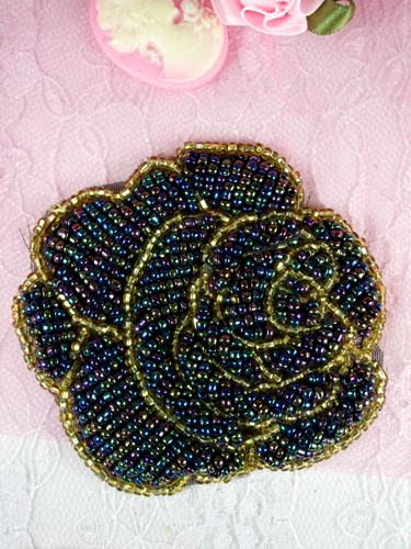 K8740 Peacock Gold Rose Beaded Applique 3"