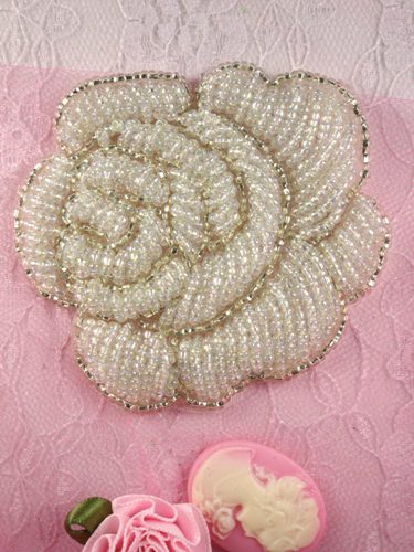 K8740 Crystal AB Silver Rose Beaded Applique 3"