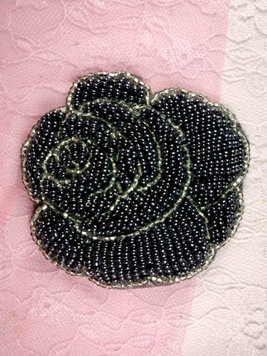 K8740 Gunmetal Silver Rose Beaded Applique 3"