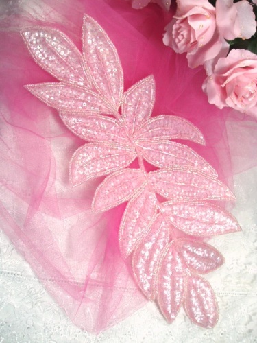K8741  Pink Crystal Ab Leaf Cluster Sequin Beaded Applique 15"