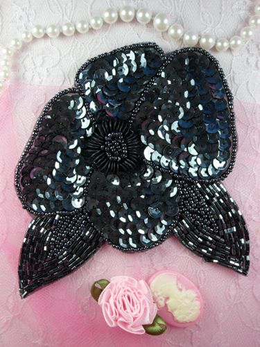 K8916 Gunmetal Floral Sequin Beaded Applique 4.5"