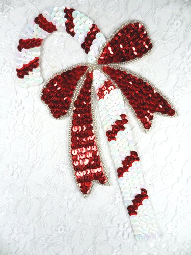 K9287 Candy Cane Beaded Sequin Applique 8"
