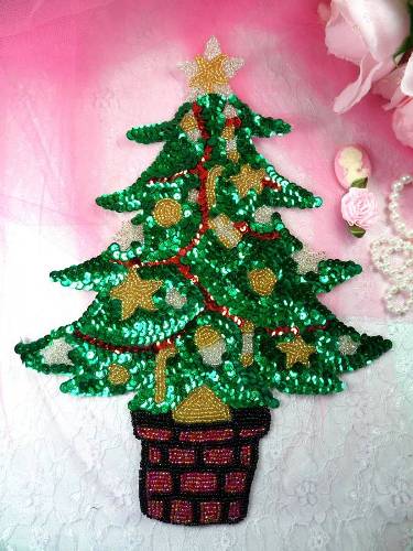 K9289L Christmas Tree Beaded Sequin Applique 11"