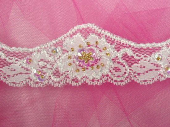 L16 White Venice Lace Sequin Beaded Stretch Trim