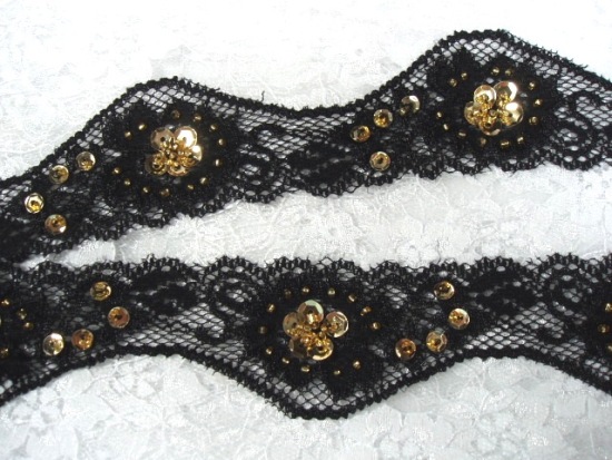 L16 Black Venice Lace Sequin Beaded Stretch Trim