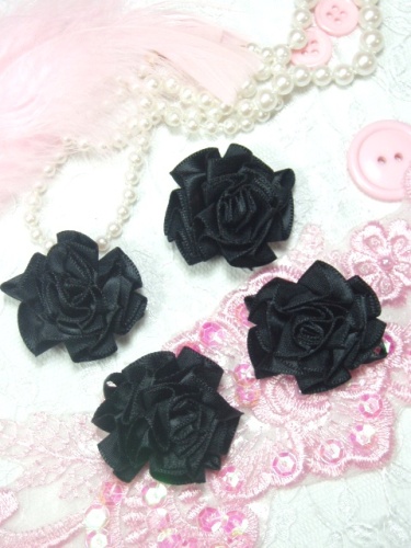 L22  Lot of 4 Black / Black Floral Rose Flower Appliques 1.5"