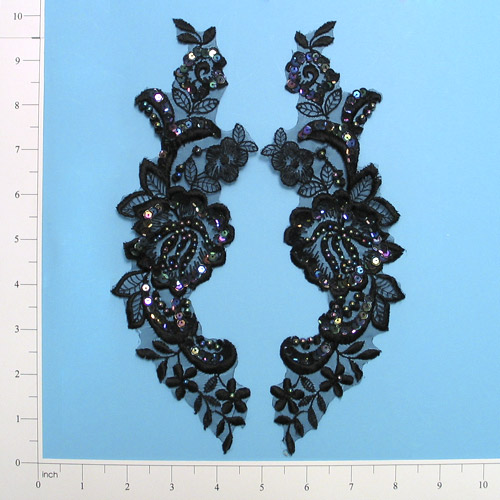 E240 Black Iris Mirror Pair Venise Lace 9" Sequin Appliques