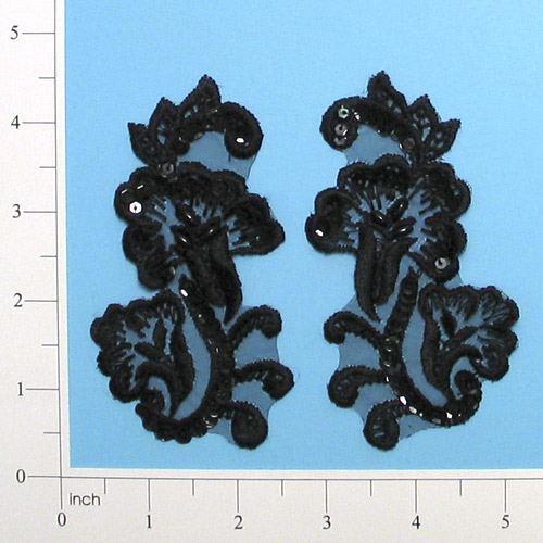 E2702  Black Venise Lace Sequin Applique Pair 4"