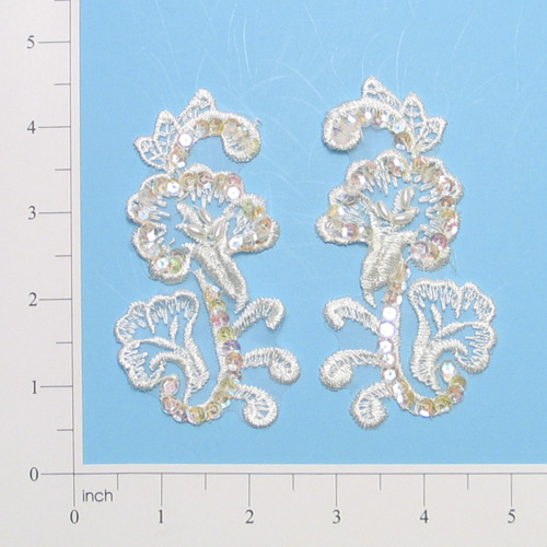 E2702  Ivory Venise Lace Mirror Pair Beaded Sequin Appliques 4"