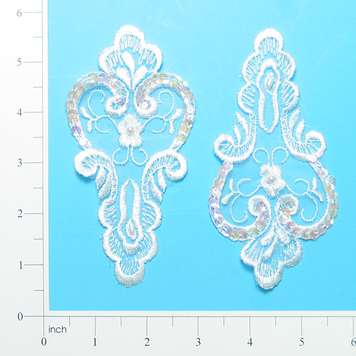 E2705  White Venise Lace  Sequin Applique Pair  5.25"