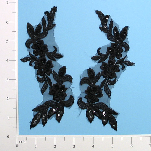 Black Venise Lace 6.5" Mirror Pair Sequin Appliques  E2712