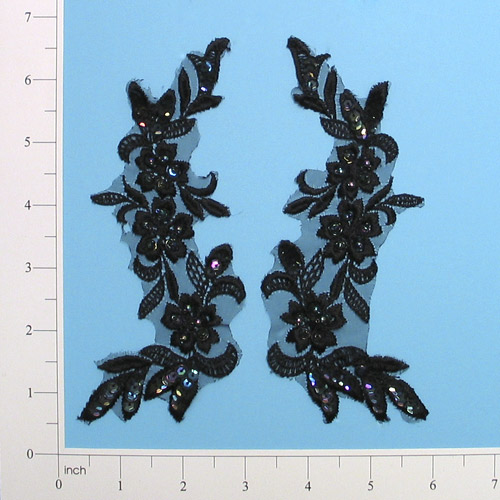 Black  Iris Venise Lace 6.5" Mirror Pair Sequin Appliques  E2712