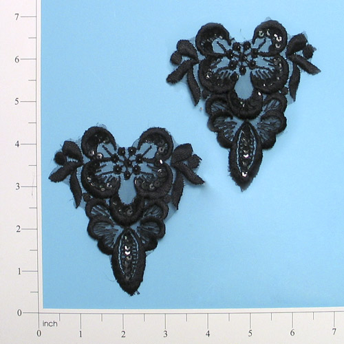 E2713 Black Venise Lace 4" Sequin Applique Pair