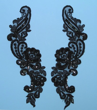 W6  Black Venise Lace Mirror Pair Beaded Sequin Appliques 10.75"