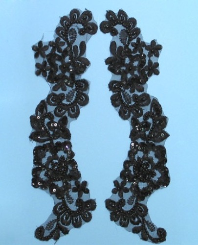 W5 Black Venise Lace Mirror Pair Beaded Sequin Appliques 10.5"