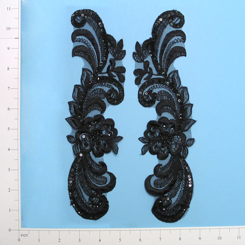 E2733 Black Venise Lace  Sequin Appliques  10.5"