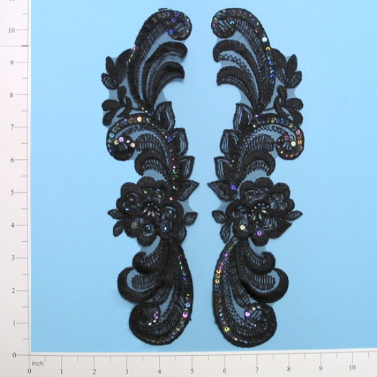 E2733 Black Venise Lace  Sequin Appliques  10.5"
