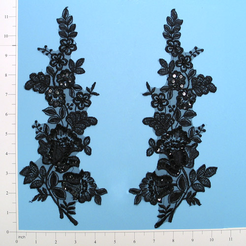 W3 Black Venice Lace Mirror Pair Beaded Sequin Appliques 10.5"