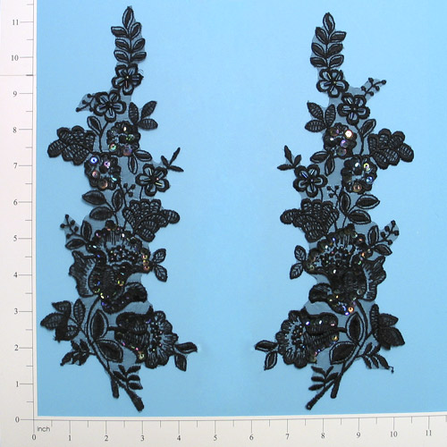 Black Iris Rose Venise Lace Mirror Pair 11.25" Sequin Appliques  E2739