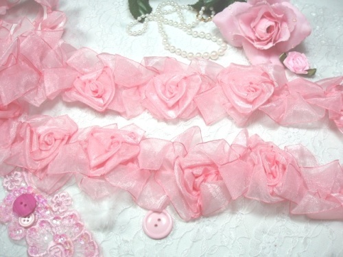 L28  Pink Organza Floral Sewing Trim 2.5"