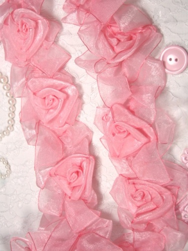 L28  Pink Organza Floral Sewing Trim 2.5"