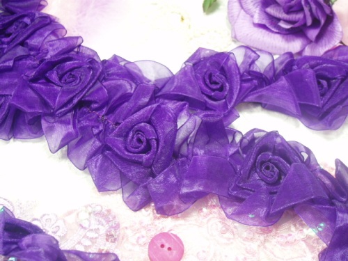 L28  Purple Organza Floral Sewing Trim 2.5"