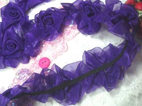 L28  Purple Organza Floral Sewing Trim 2.5"