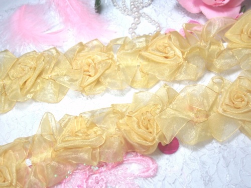 L28  Gold Organza Floral Sewing Trim 2.5"