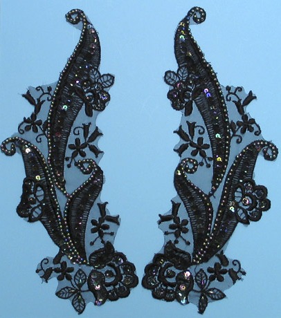 E340 Black AB Venise Lace Mirror Pair Sequin Beaded Appliques