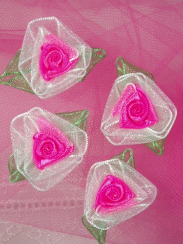 L53  Set of ( 4 ) Hot Pink Ribbon Roses 1.5"