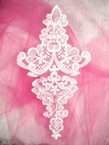 L66  White Venise Lace Beaded Sequin Applique 10.5"