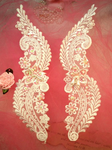 L74  White Venise Lace Mirror Pair Beaded Sequin Appliques 8"
