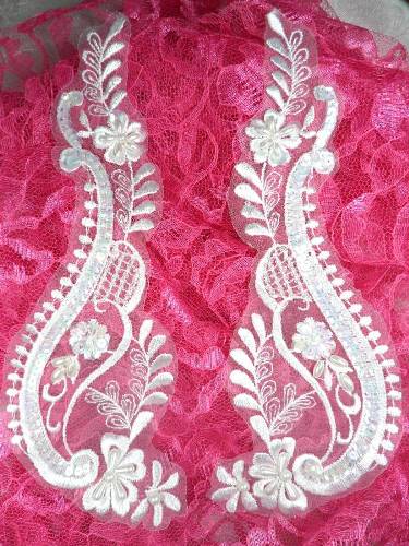 LC1423 White Venise Lace Beaded Sequin Mirror Pair Appliques 8.5"
