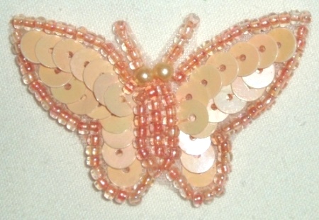 LC343 Peach Butterfly Sequin Beaded Applique 1.75"