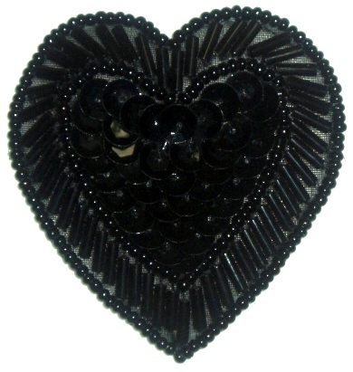 LC353  Black Heart Sequin Beaded Applique  2.25"